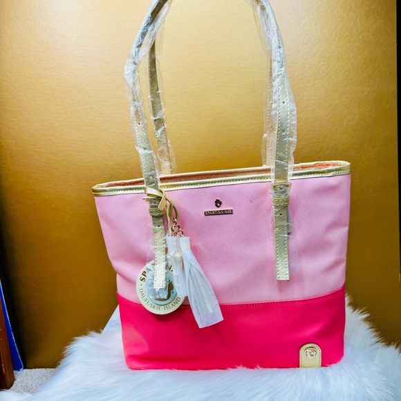 { Spartina 449 } : Flamingo Retreat Medium Tote in Floral Coral - Picture 2 of 14